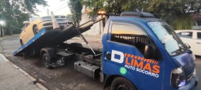 Guincho plataforma em Campinas, transportando um veículo amarelo, estacionado em uma rua.