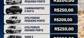Imagem com tabela de preços para serviços de guincho, listando tipos de veículos e valores em reais.