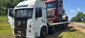 Guincho plataforma branco transportando caminhão vermelho em área verde, na estrada em Castanhal.