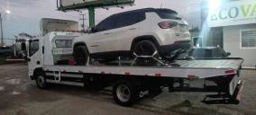 Guincho plataforma transportando um veículo branco, estacionado em Praia Grande.